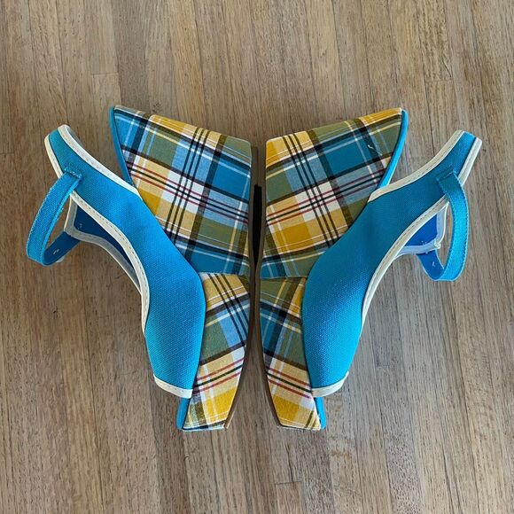 Vintage Y2K Blue Plaid Wedge Sandals Slingback Canvas Platform Shoes Size 7.5 - Picture 3 of 8